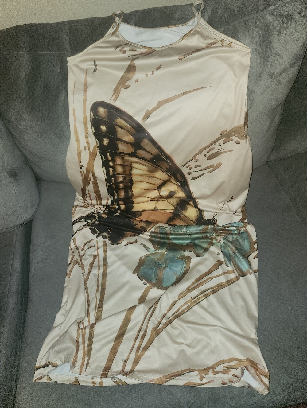 Butterfly Print Cream Maxi Dress With Pockets - Unbranded.
